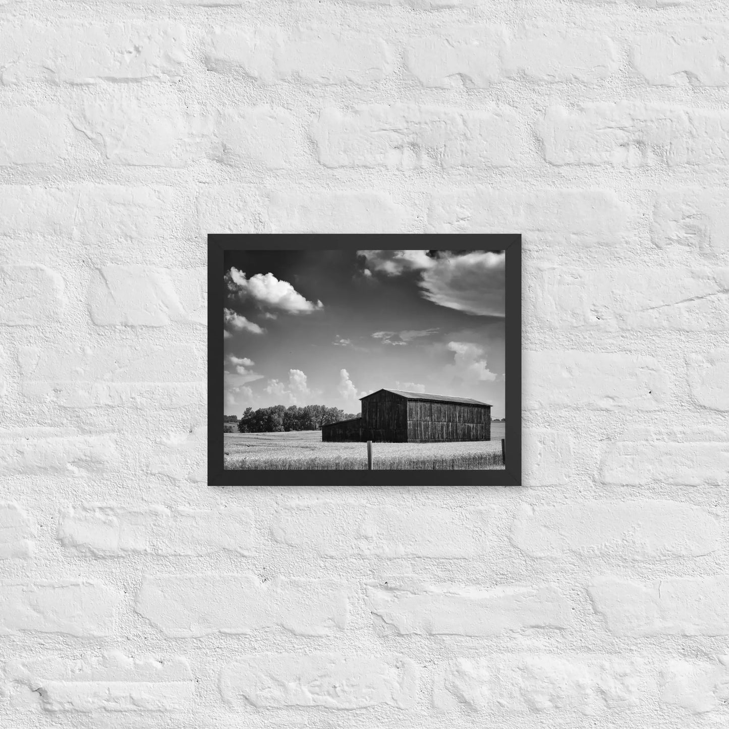 Black and White Country Barn - Framed poster by Retro Splendor Tags: barn, black and white, countryside, farm, framed, photograph, picture, Printful, vintage RetroSplendor Apparel