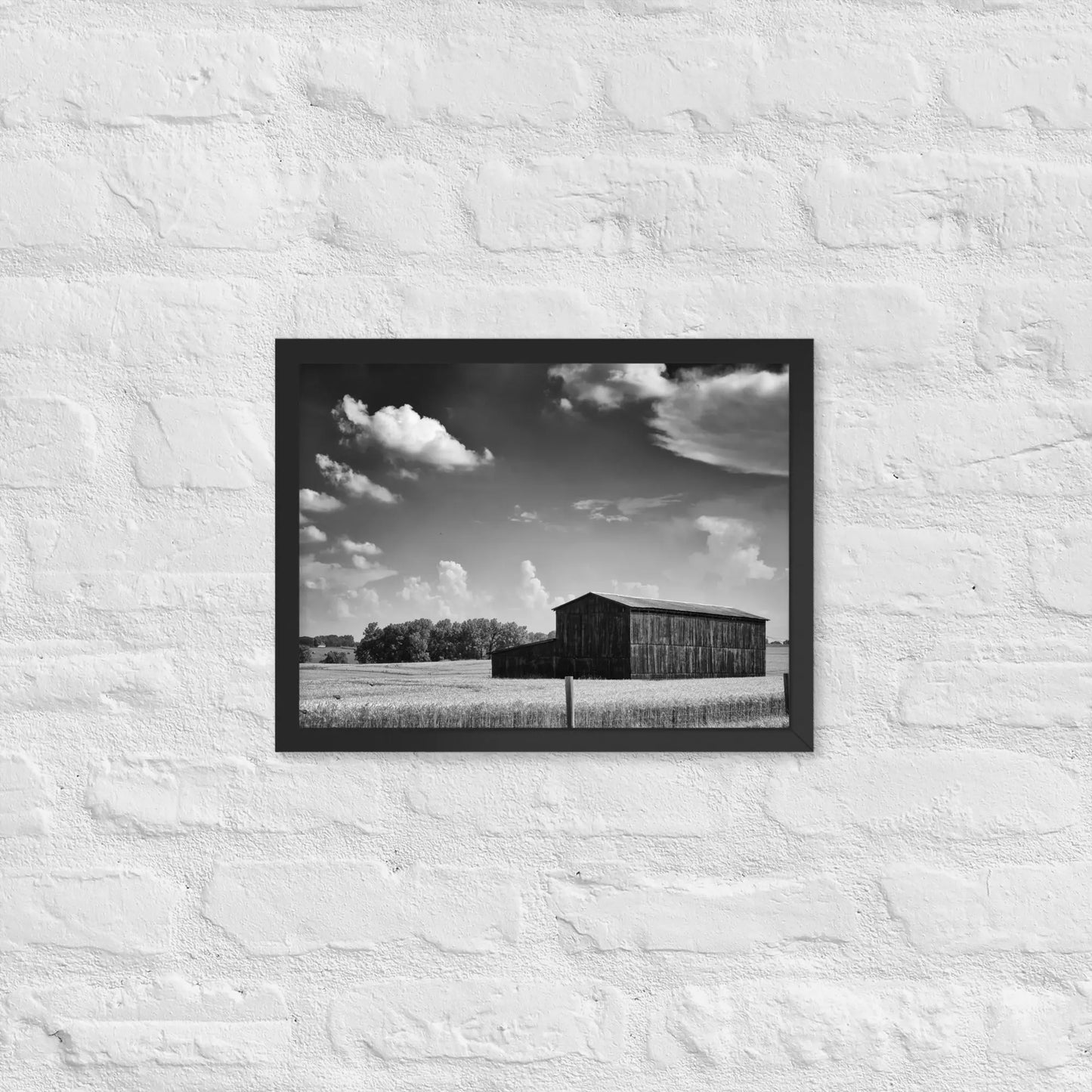 Black and White Country Barn - Framed poster by Retro Splendor Tags: barn, black and white, countryside, farm, framed, photograph, picture, Printful, vintage RetroSplendor Apparel