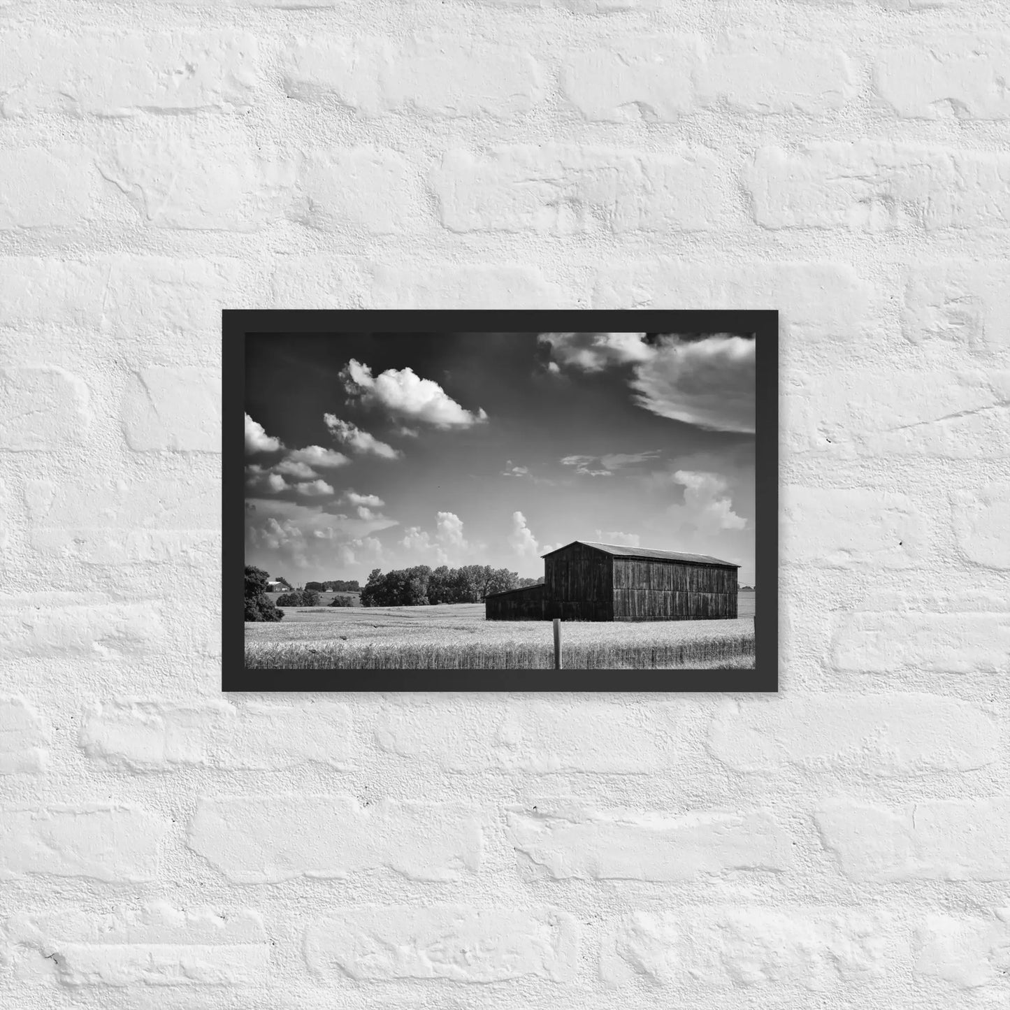 Black and White Country Barn - Framed poster by Retro Splendor Tags: barn, black and white, countryside, farm, framed, photograph, picture, Printful, vintage RetroSplendor Apparel