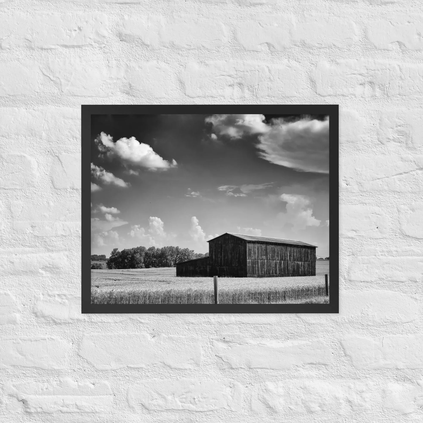 Black and White Country Barn - Framed poster by Retro Splendor Tags: barn, black and white, countryside, farm, framed, photograph, picture, Printful, vintage RetroSplendor Apparel