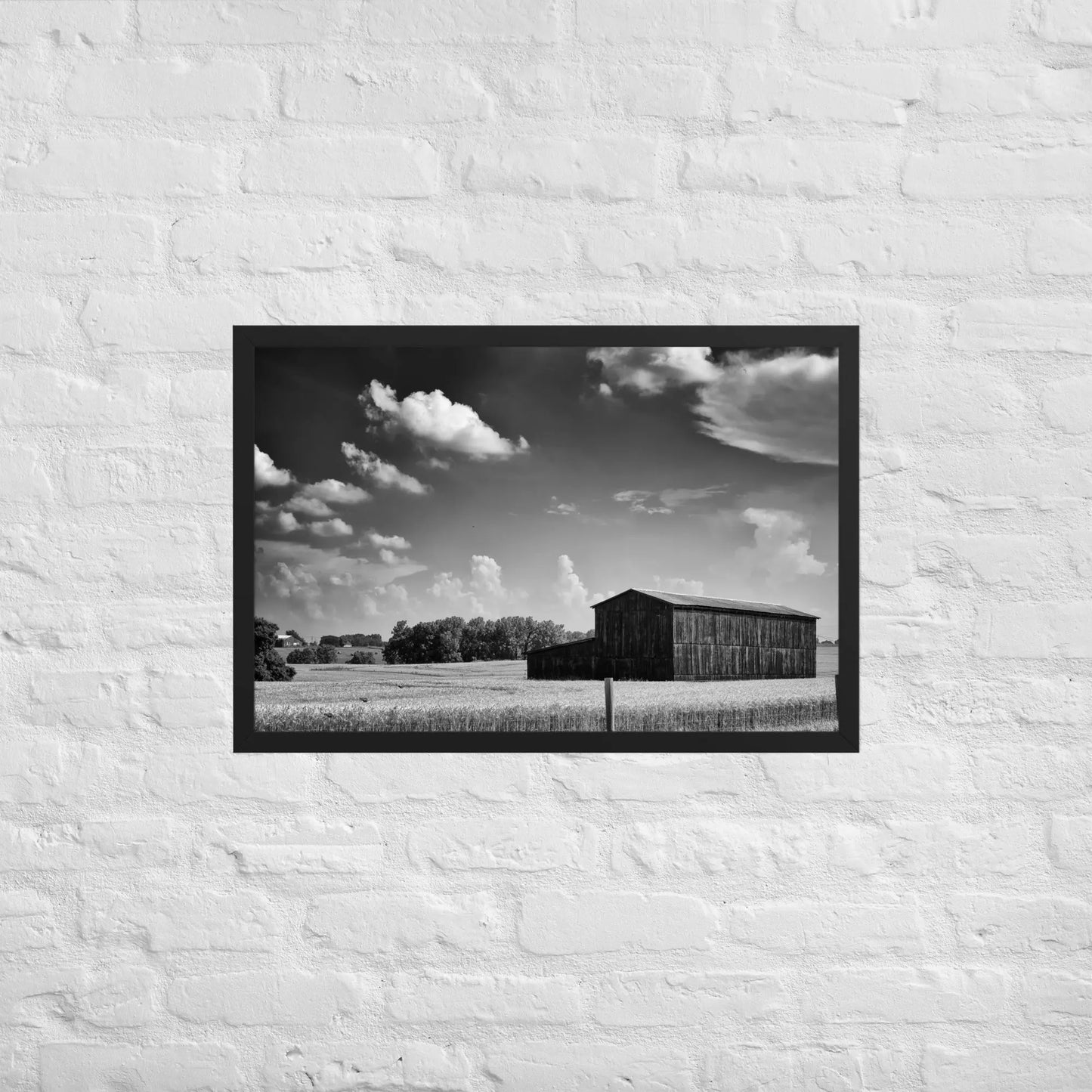 Black and White Country Barn - Framed poster by Retro Splendor Tags: barn, black and white, countryside, farm, framed, photograph, picture, Printful, vintage RetroSplendor Apparel