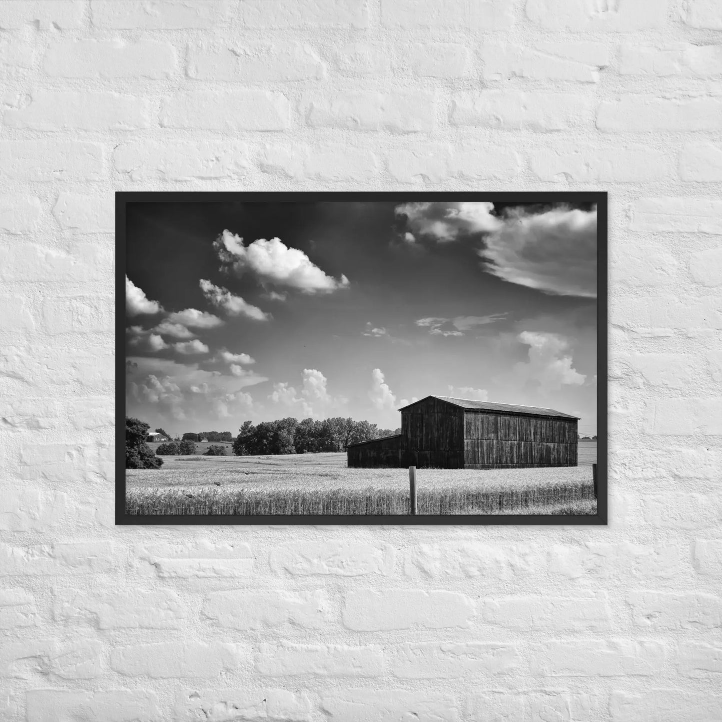 Black and White Country Barn - Framed poster by Retro Splendor Tags: barn, black and white, countryside, farm, framed, photograph, picture, Printful, vintage RetroSplendor Apparel