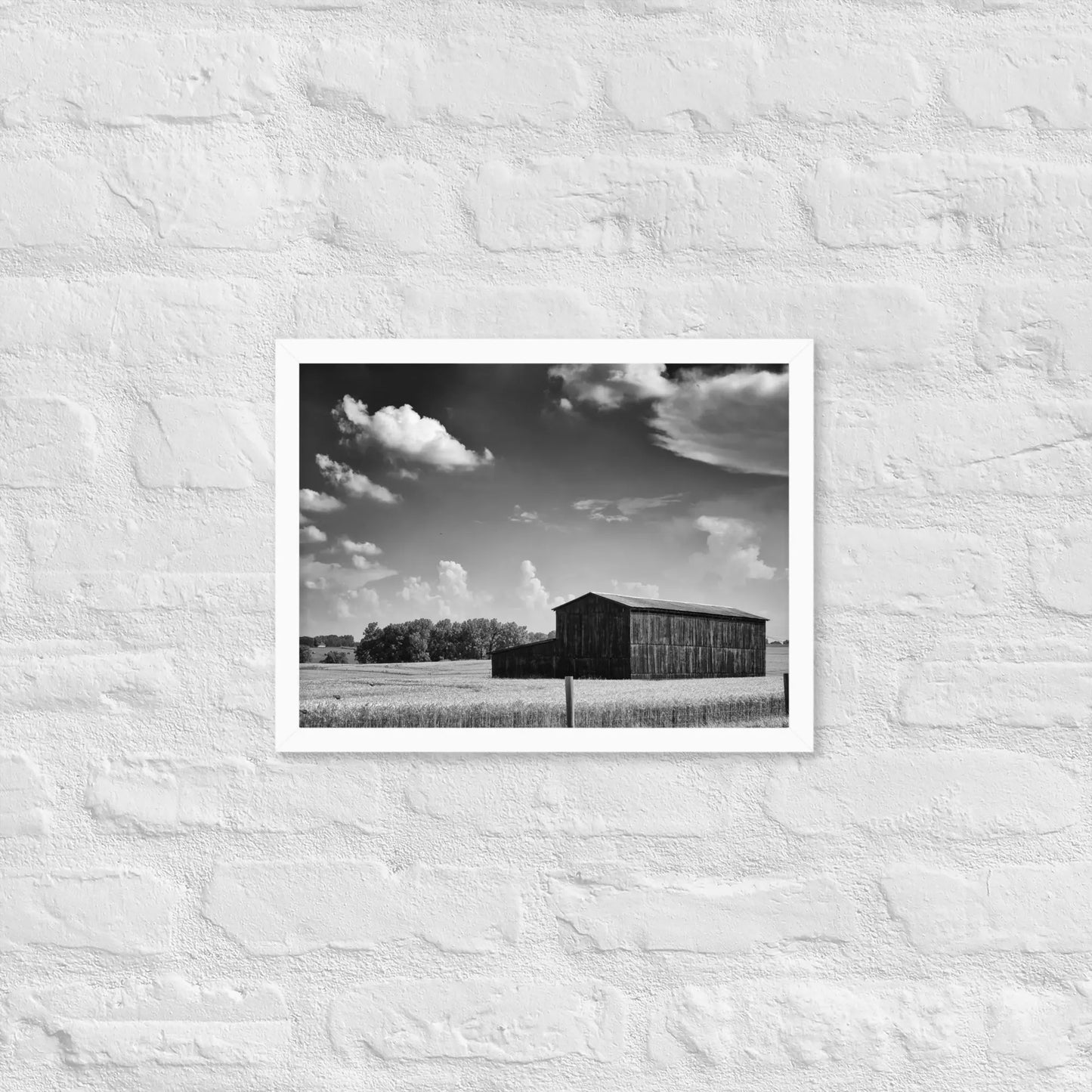Black and White Country Barn - Framed poster by Retro Splendor Tags: barn, black and white, countryside, farm, framed, photograph, picture, Printful, vintage RetroSplendor Apparel