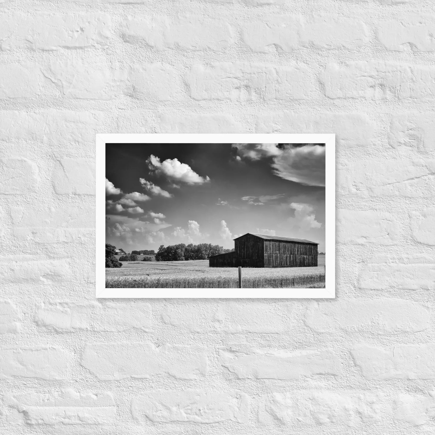 Black and White Country Barn - Framed poster by Retro Splendor Tags: barn, black and white, countryside, farm, framed, photograph, picture, Printful, vintage RetroSplendor Apparel