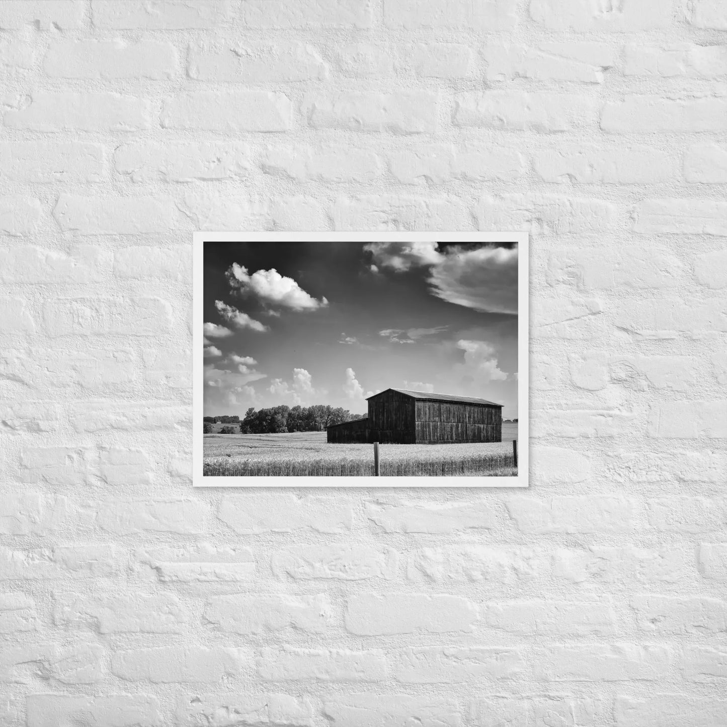 Black and White Country Barn - Framed poster by Retro Splendor Tags: barn, black and white, countryside, farm, framed, photograph, picture, Printful, vintage RetroSplendor Apparel