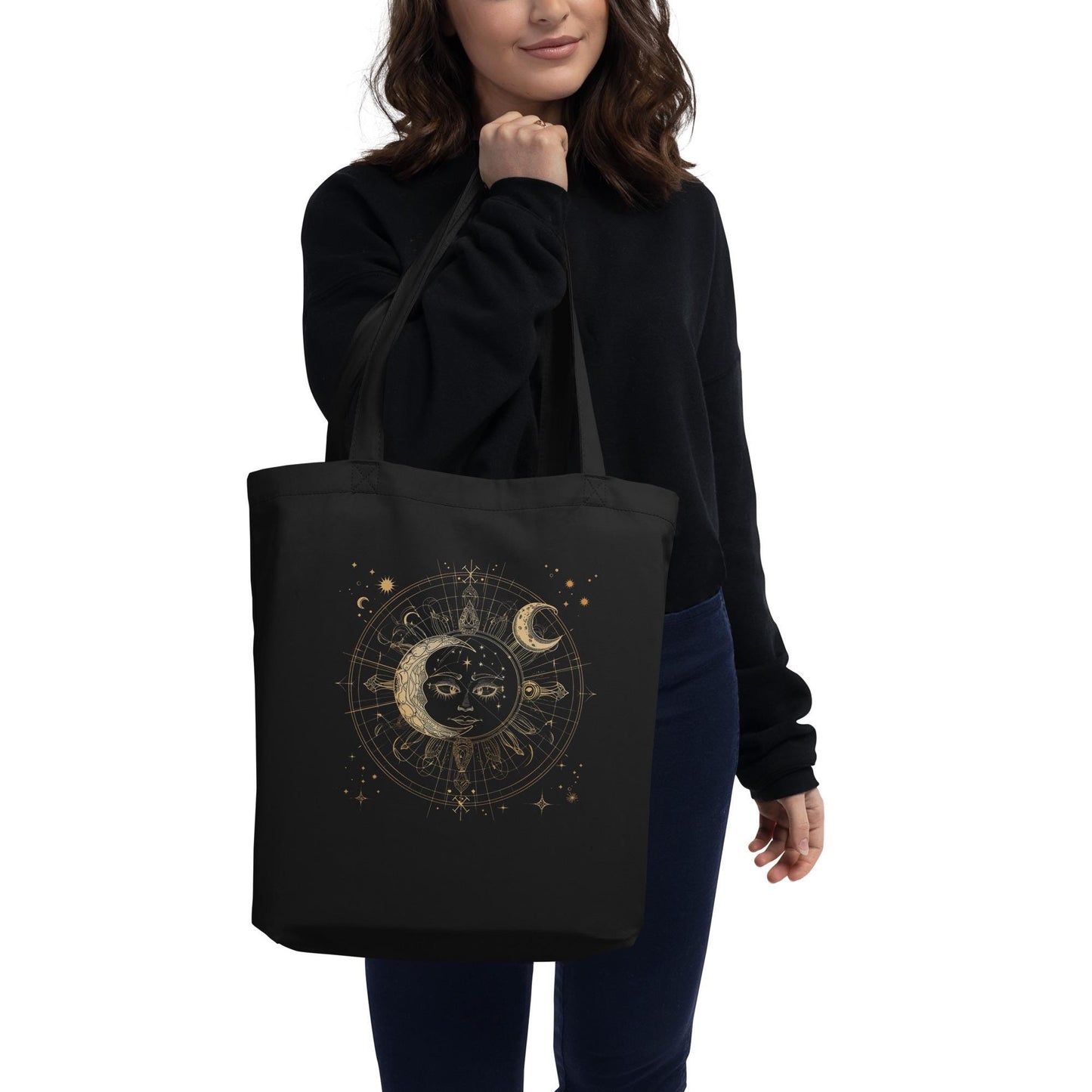 Sun & Moon Sacred Geometry Tote Bag – Eco Friendly Reusable Organic Cotton Celestial Shopper, Astrology Spiritual Boho Bag