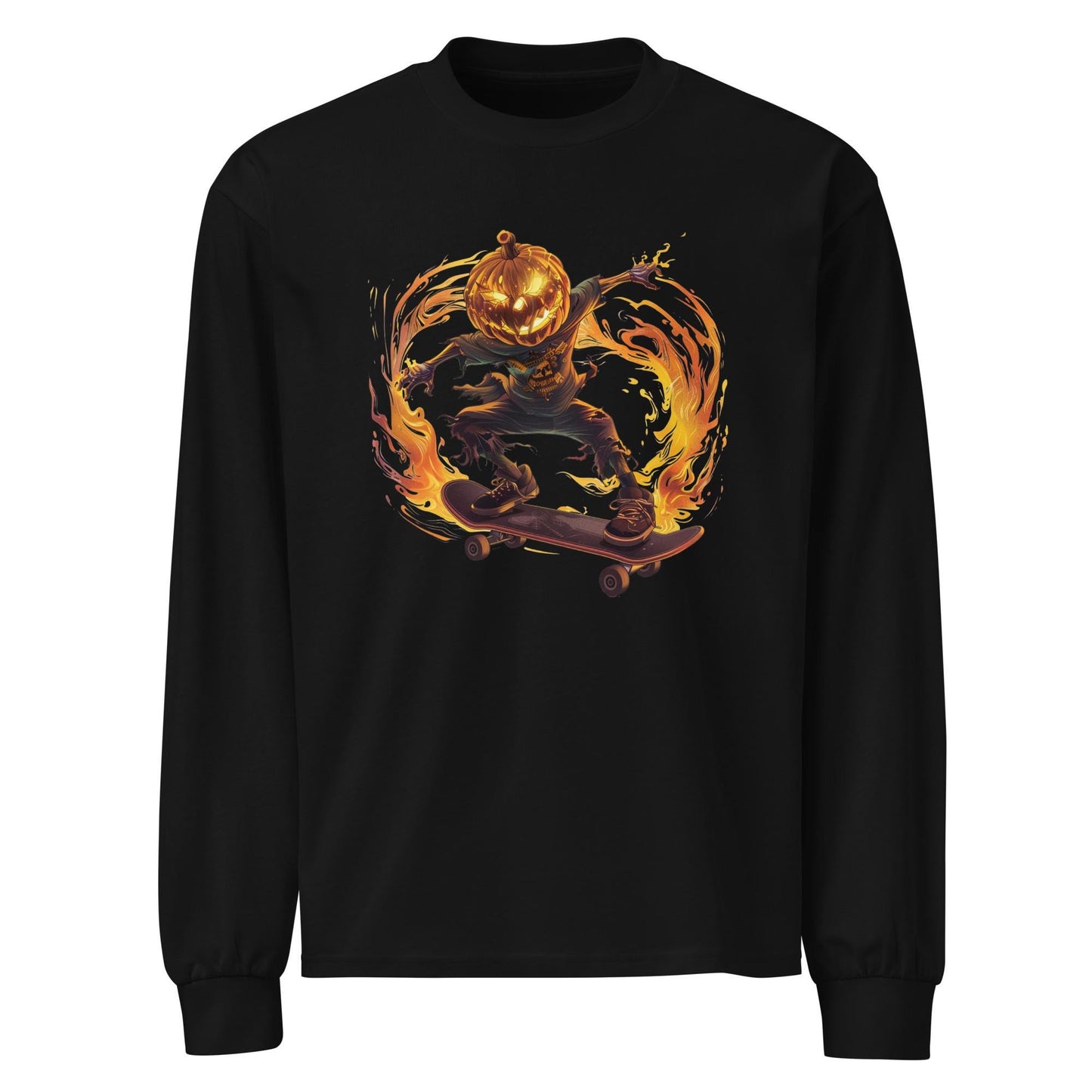 Flaming Pumpkin Head Skater - Premium heavyweight long sleeve shirt