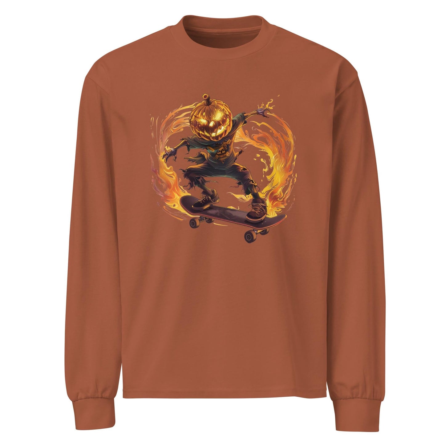 Flaming Pumpkin Head Skater - Premium heavyweight long sleeve shirt