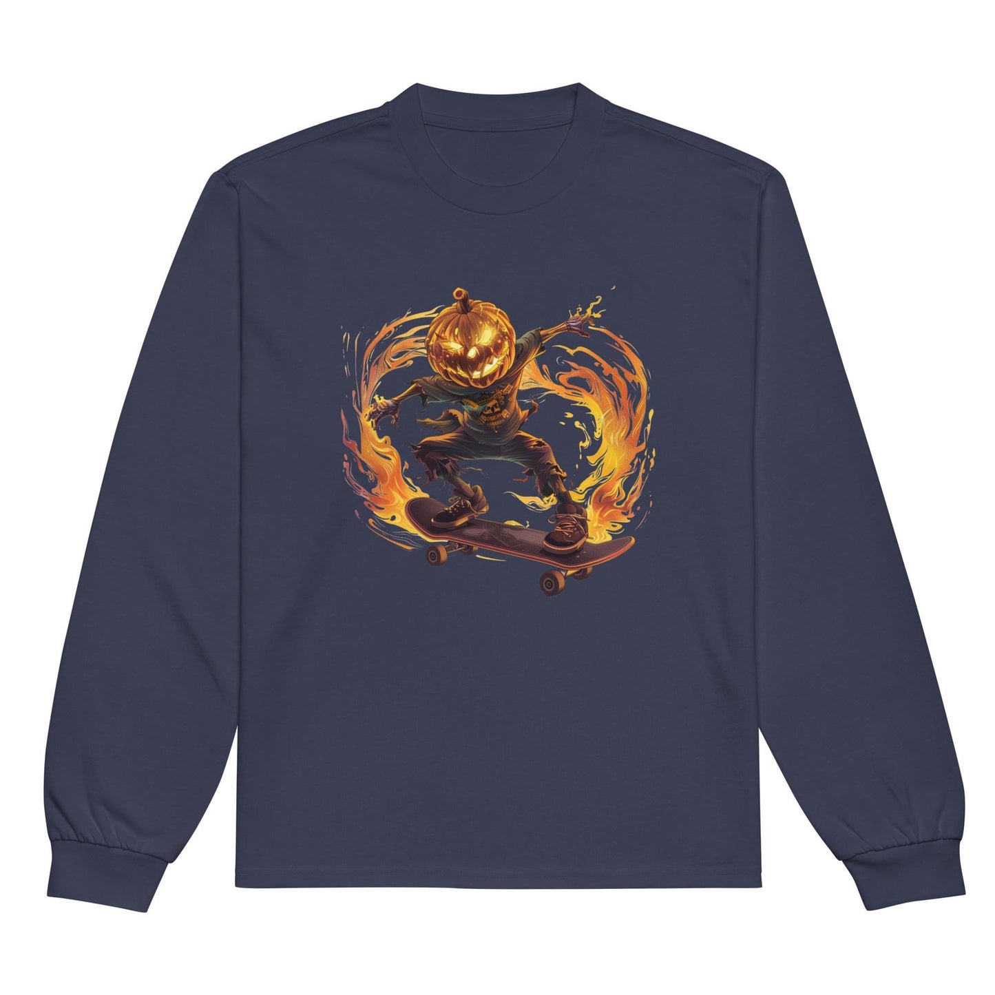 Flaming Pumpkin Head Skater - Premium heavyweight long sleeve shirt