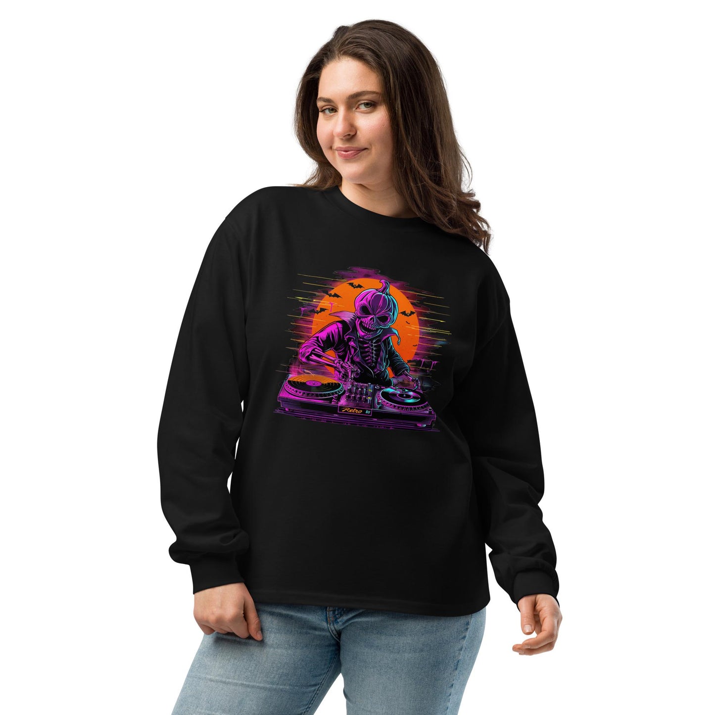 Pumpkin Head Neon Retro DJ - Premium heavyweight long sleeve shirt