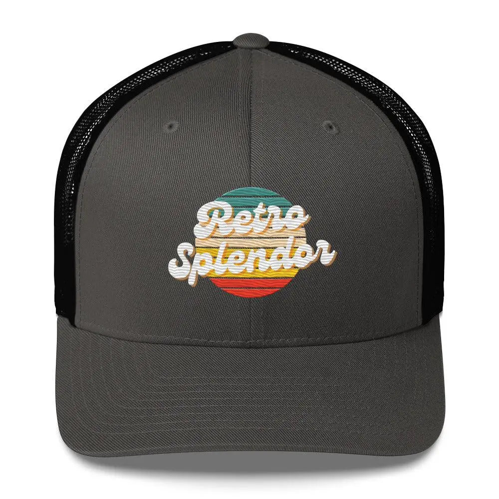 RetroSplendor Logo - Trucker Cap – Hat by Yupoong Tags: 40% polyester, 60% cotton, adjustable closure, Hard buckram front panels, hat, Mesh back, retro, six-panel cap RetroSplendor Apparel