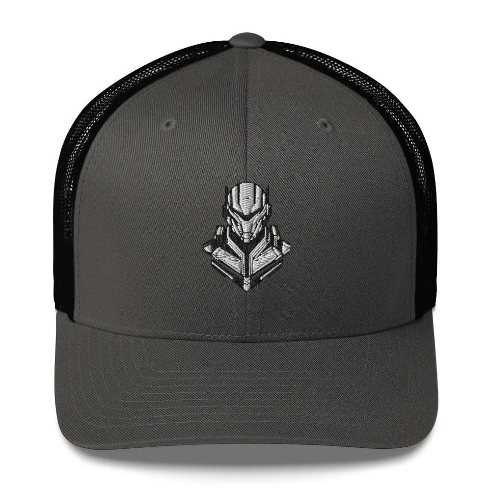 Retro-Futuristic Robot Trucker Cap - Vintage Tech Style – Hat by Yupoong Tags: cyber, hat, logo, mesh back, retro, robot, six panel, trucker cap, vintage RetroSplendor Apparel