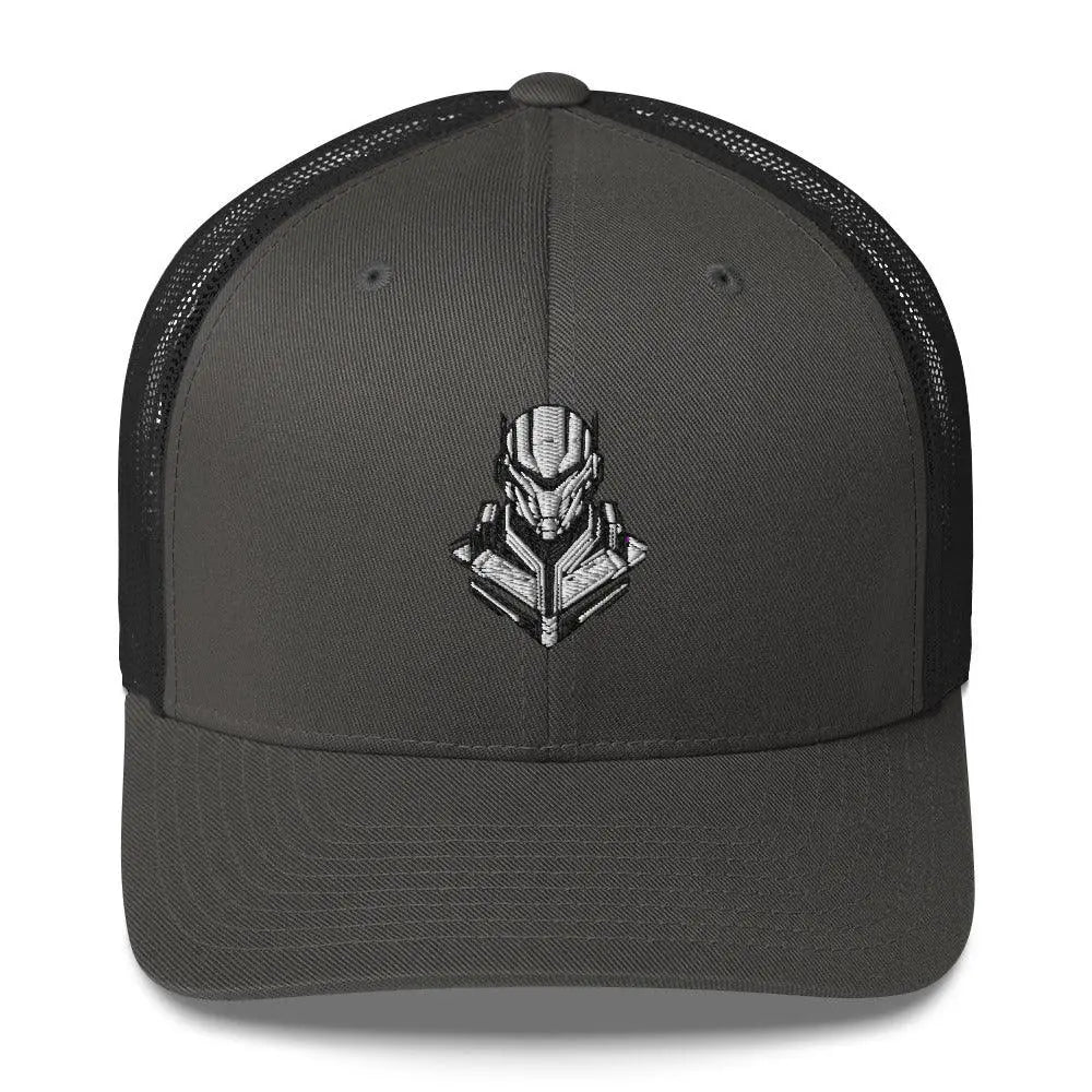 Retro-Futuristic Robot Trucker Cap - Vintage Tech Style – Hat by Yupoong Tags: cyber, hat, logo, mesh back, retro, robot, six panel, trucker cap, vintage RetroSplendor Apparel