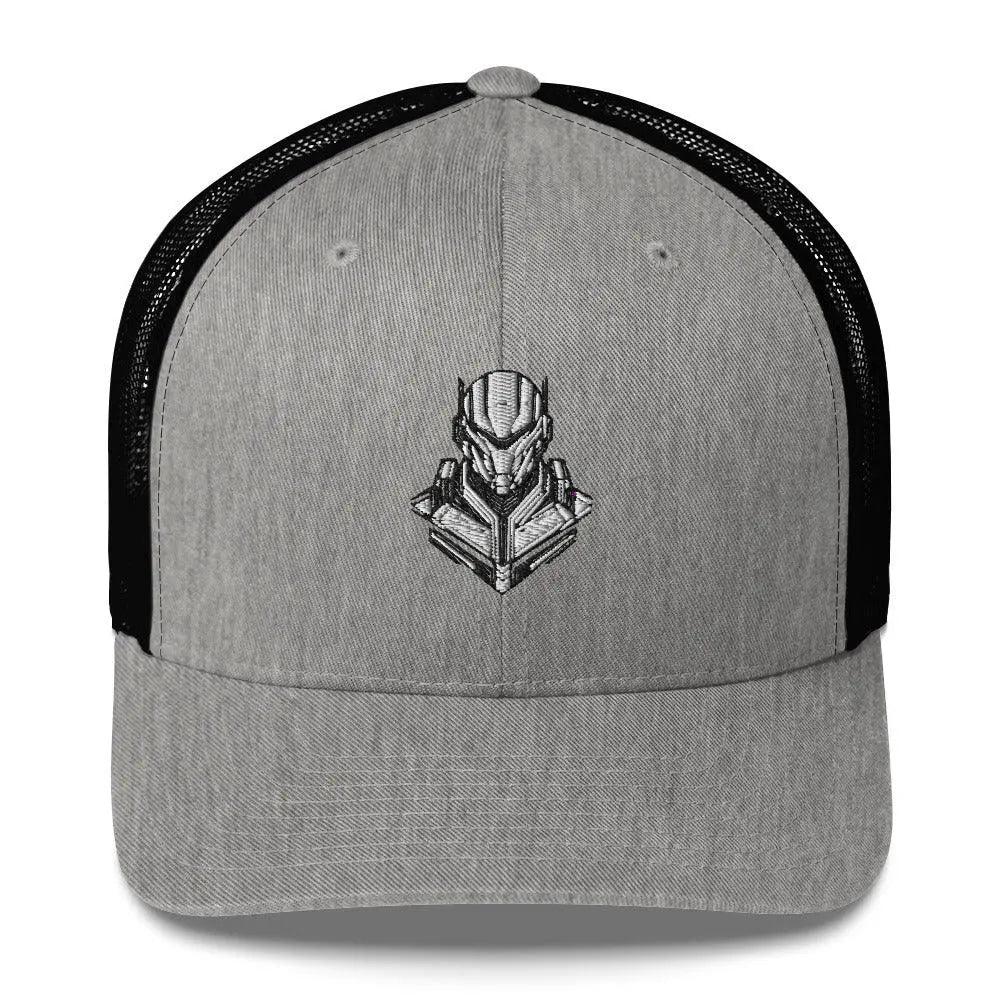 Retro-Futuristic Robot Trucker Cap - Vintage Tech Style – Hat by Yupoong Tags: cyber, hat, logo, mesh back, retro, robot, six panel, trucker cap, vintage RetroSplendor Apparel