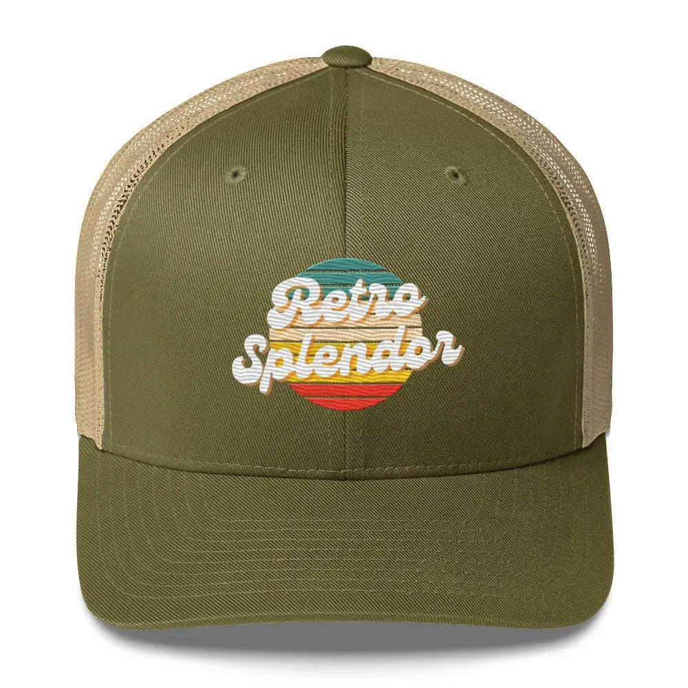 RetroSplendor Logo - Trucker Cap – Hat by Yupoong Tags: 40% polyester, 60% cotton, adjustable closure, Hard buckram front panels, hat, Mesh back, retro, six-panel cap RetroSplendor Apparel