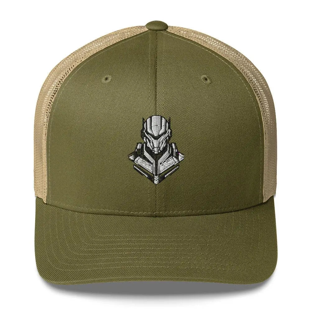 Retro-Futuristic Robot Trucker Cap - Vintage Tech Style – Hat by Yupoong Tags: cyber, hat, logo, mesh back, retro, robot, six panel, trucker cap, vintage RetroSplendor Apparel