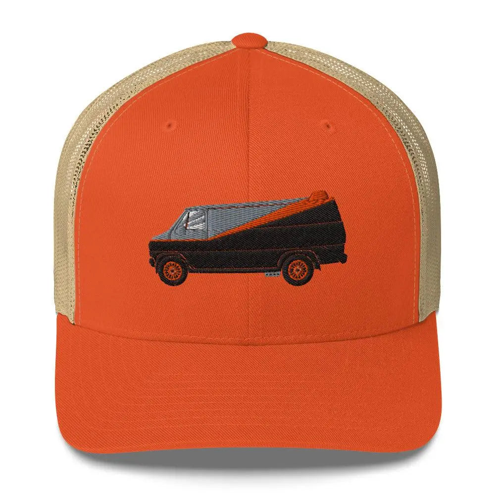 Join the A-Team: Ultimate Trucker Cap Awaits! – Hat by Yupoong Tags: 80s, graphic hat, hat, iconic, mesh back, nostalgia, plastic adjustable closure, six panel cap, trucker cap, tv, unisex, van RetroSplendor Apparel