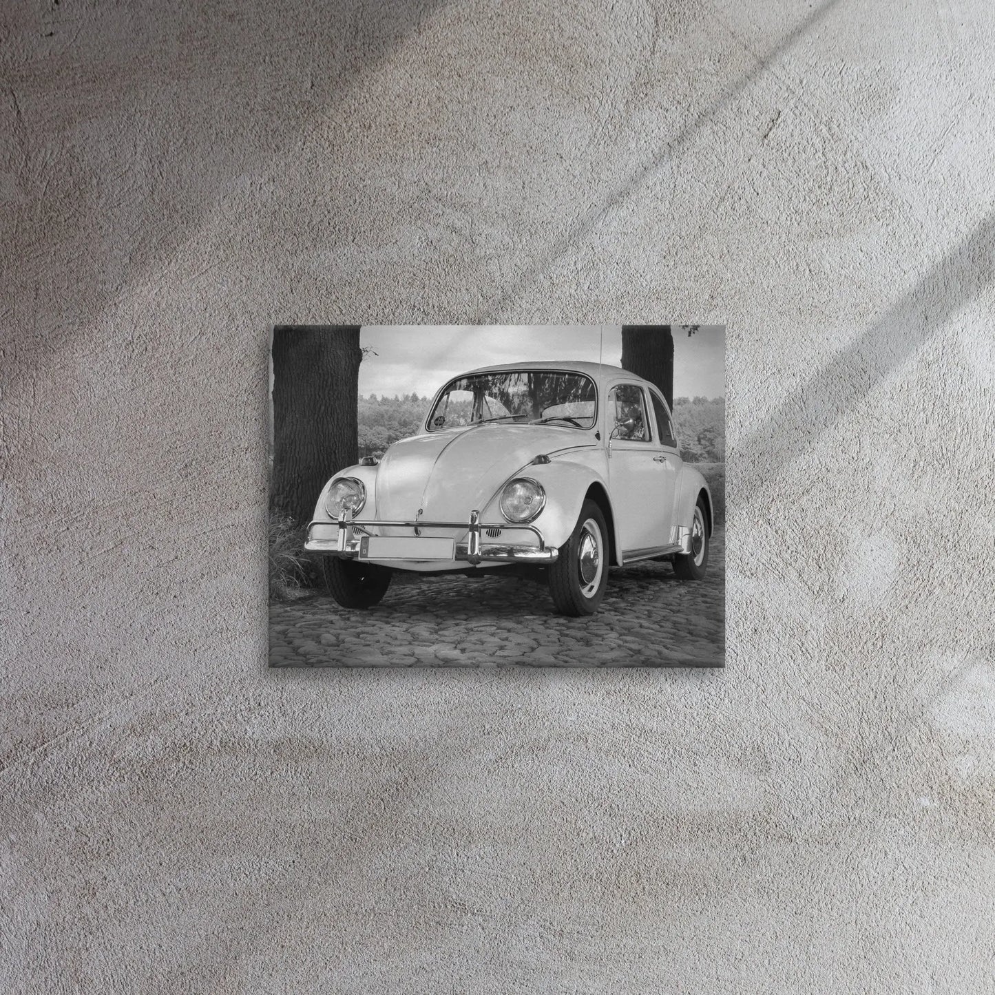 Vintage Beetle Thin canvas print by Retro Splendor Tags: beetle, black and white, bug, car collector, classic, collector art, cool, original, picture, Printful, retro, vintage, volkwagen RetroSplendor Apparel