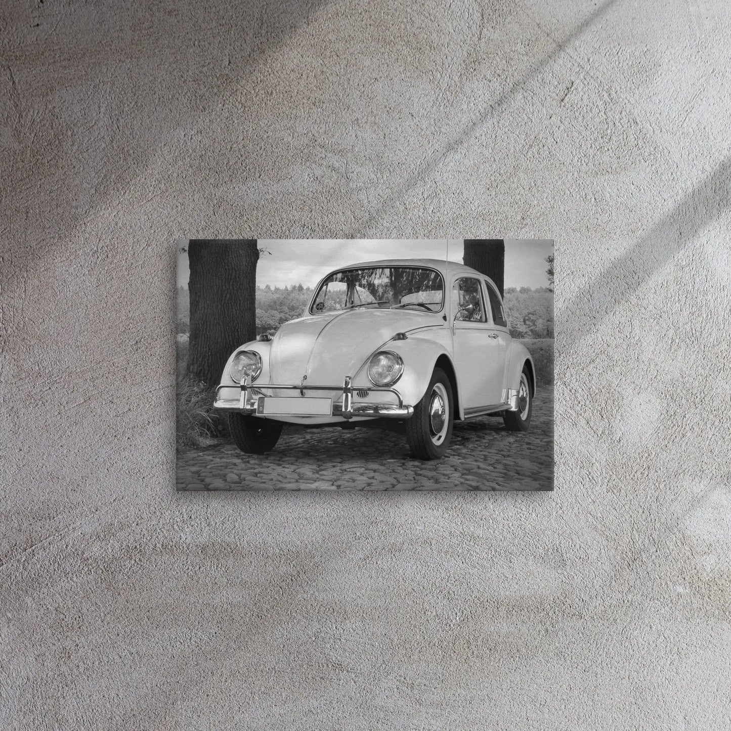 Vintage Beetle Thin canvas print by Retro Splendor Tags: beetle, black and white, bug, car collector, classic, collector art, cool, original, picture, Printful, retro, vintage, volkwagen RetroSplendor Apparel