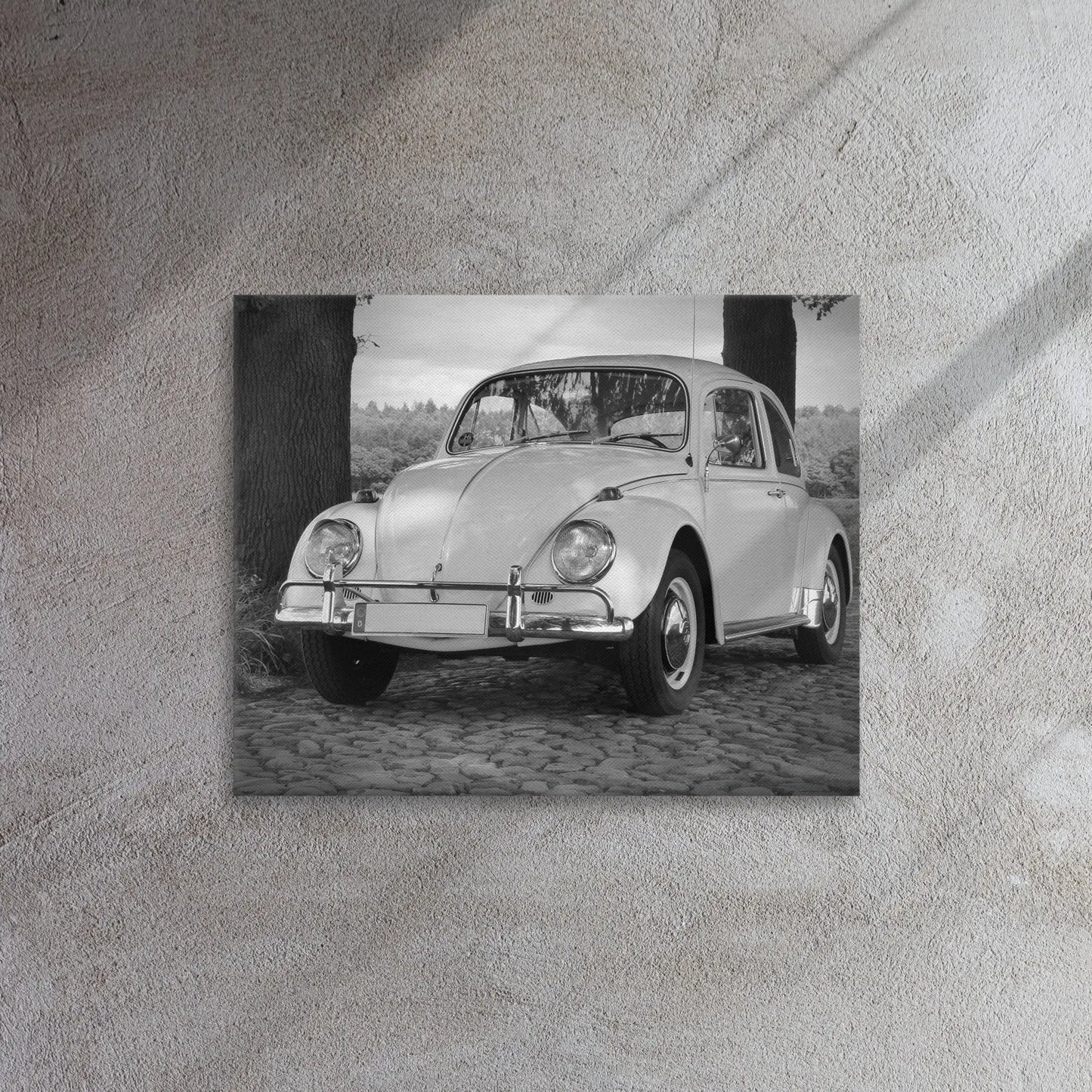 Vintage Beetle Thin canvas print by Retro Splendor Tags: beetle, black and white, bug, car collector, classic, collector art, cool, original, picture, Printful, retro, vintage, volkwagen RetroSplendor Apparel