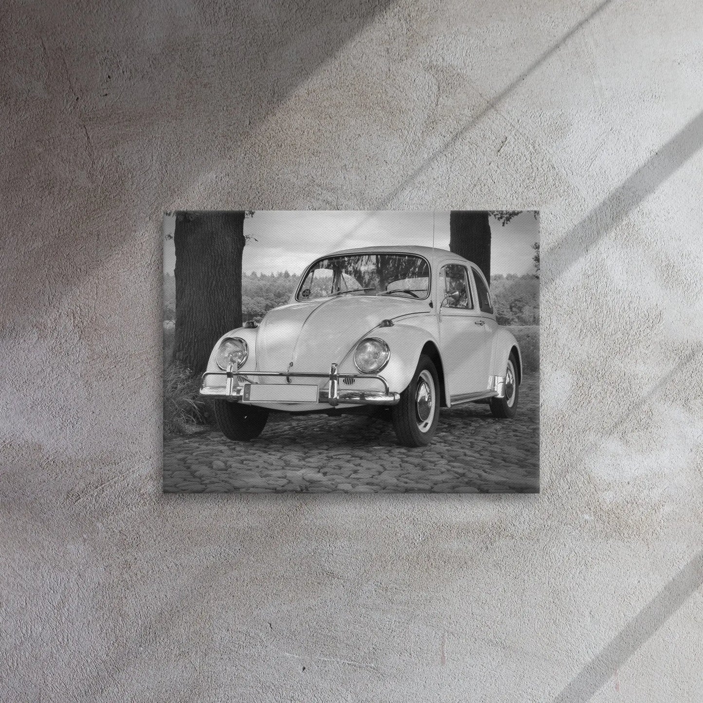 Vintage Beetle Thin canvas print by Retro Splendor Tags: beetle, black and white, bug, car collector, classic, collector art, cool, original, picture, Printful, retro, vintage, volkwagen RetroSplendor Apparel