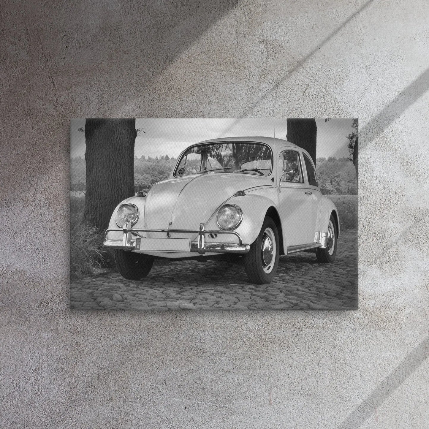 Vintage Beetle Thin canvas print by Retro Splendor Tags: beetle, black and white, bug, car collector, classic, collector art, cool, original, picture, Printful, retro, vintage, volkwagen RetroSplendor Apparel