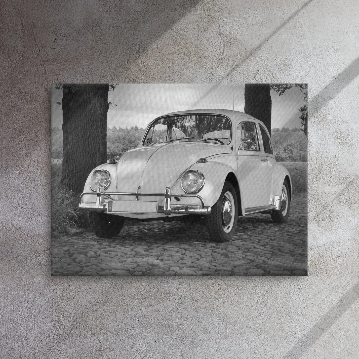 Vintage Beetle Thin canvas print by Retro Splendor Tags: beetle, black and white, bug, car collector, classic, collector art, cool, original, picture, Printful, retro, vintage, volkwagen RetroSplendor Apparel