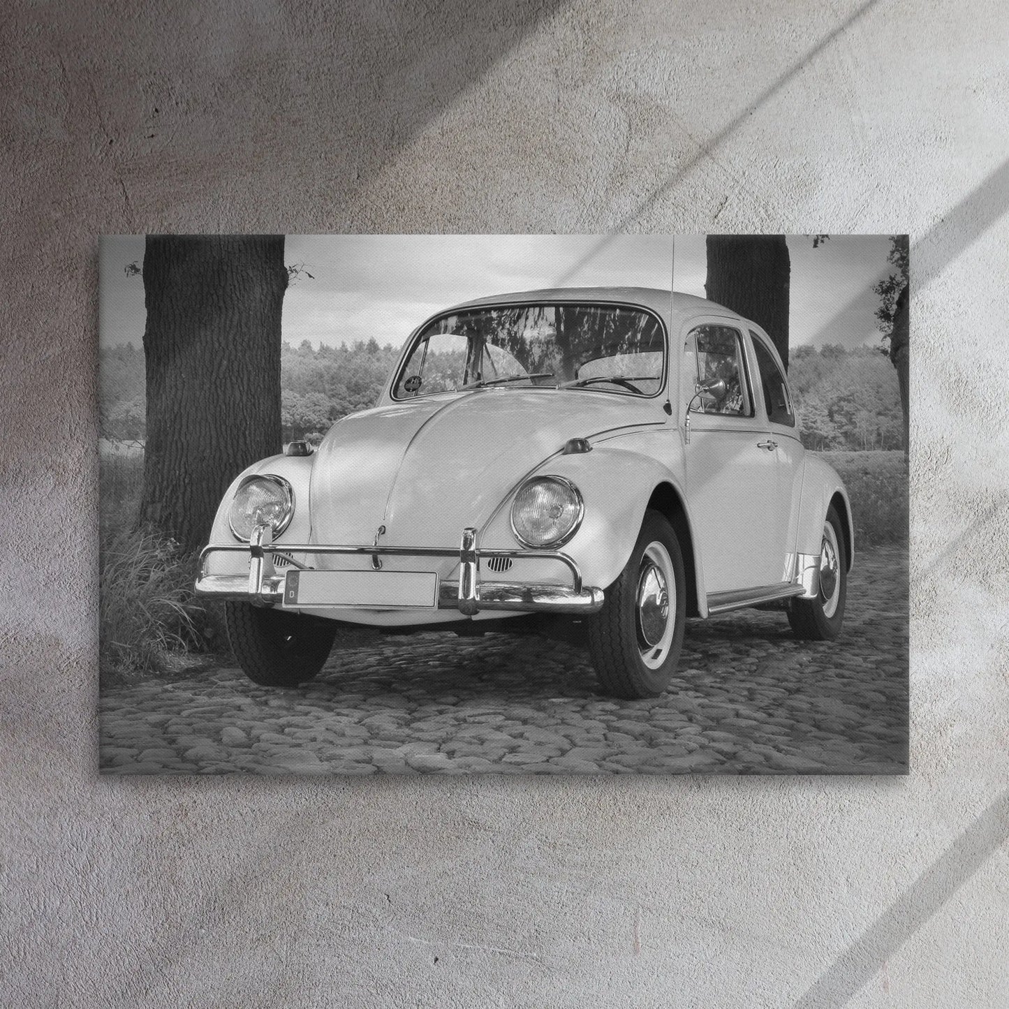 Vintage Beetle Thin canvas print by Retro Splendor Tags: beetle, black and white, bug, car collector, classic, collector art, cool, original, picture, Printful, retro, vintage, volkwagen RetroSplendor Apparel