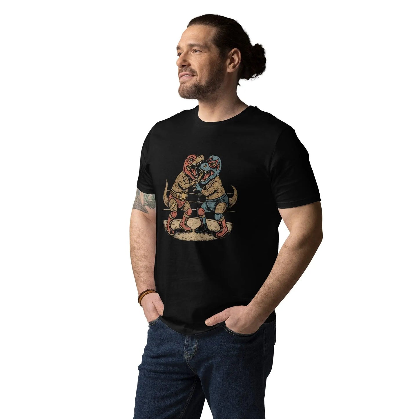 Luchasaurus - organic cotton t-shirt – Shirt by Stanley/Stella Tags: 100% organic cotton, 100% ring-spun cotton, adult, art, awesome, cotton, dinosaurs, graphic, graphic tee, men, organic cotton, original, rad, retro, shirt, vintage vibe, women, Wrestling RetroSplendor Apparel