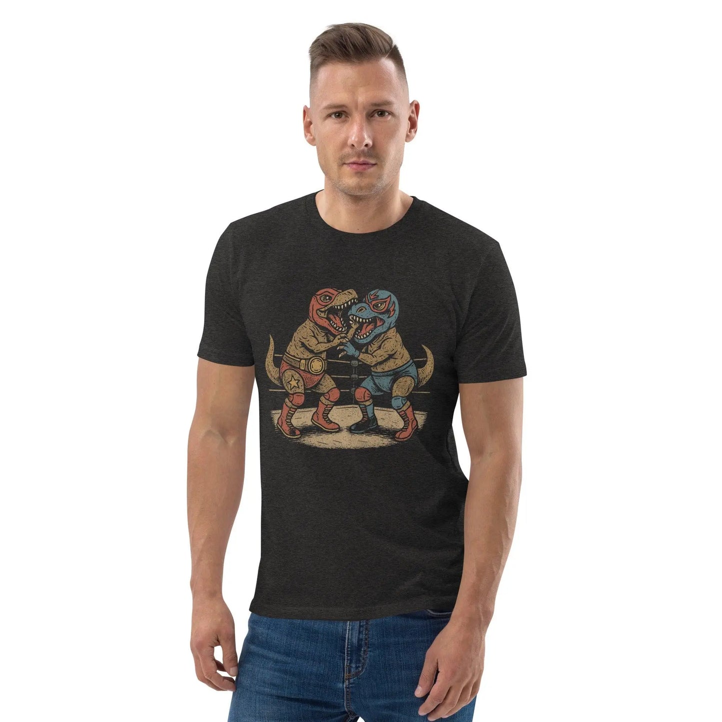 Luchasaurus - organic cotton t-shirt – Shirt by Stanley/Stella Tags: 100% organic cotton, 100% ring-spun cotton, adult, art, awesome, cotton, dinosaurs, graphic, graphic tee, men, organic cotton, original, rad, retro, shirt, vintage vibe, women, Wrestling RetroSplendor Apparel