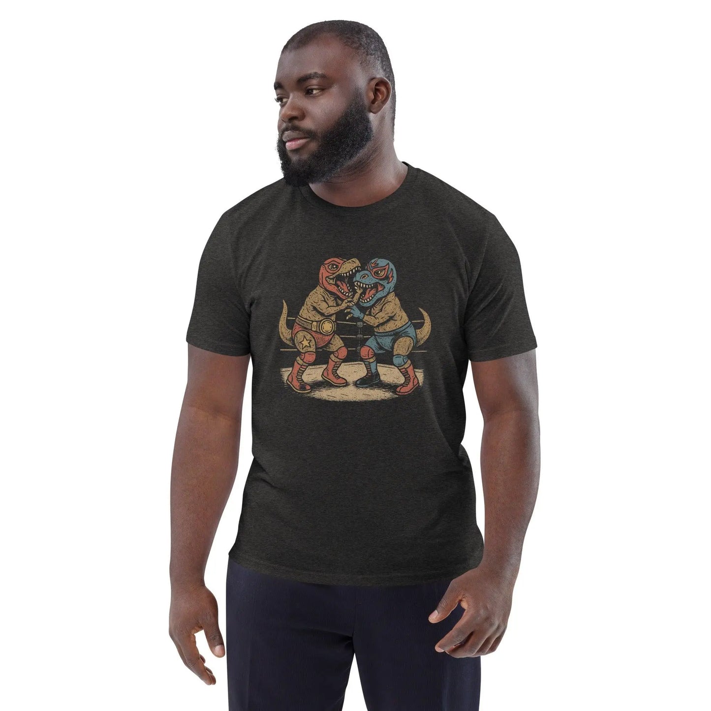 Luchasaurus - organic cotton t-shirt – Shirt by Stanley/Stella Tags: 100% organic cotton, 100% ring-spun cotton, adult, art, awesome, cotton, dinosaurs, graphic, graphic tee, men, organic cotton, original, rad, retro, shirt, vintage vibe, women, Wrestling RetroSplendor Apparel