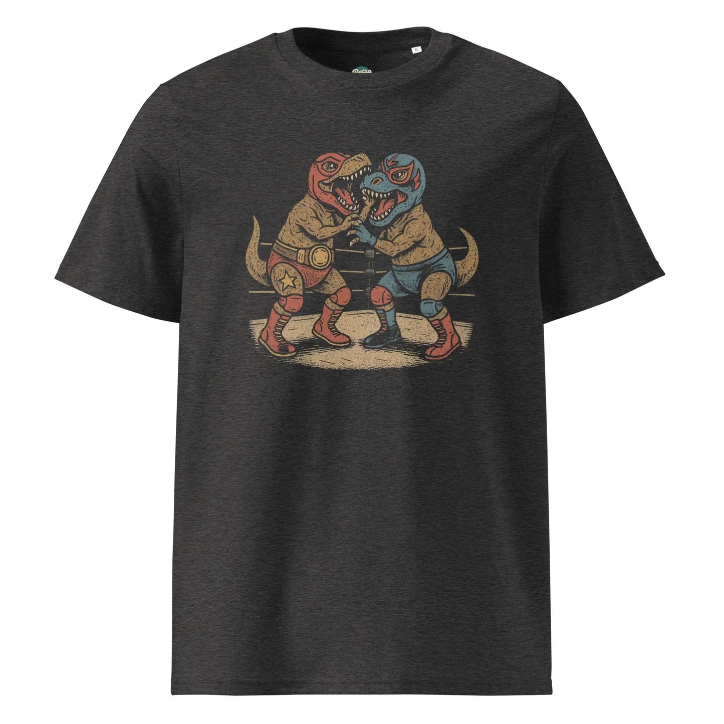 Luchasaurus - organic cotton t-shirt – Shirt by Stanley/Stella Tags: 100% organic cotton, 100% ring-spun cotton, adult, art, awesome, cotton, dinosaurs, graphic, graphic tee, men, organic cotton, original, rad, retro, shirt, vintage vibe, women, Wrestling RetroSplendor Apparel