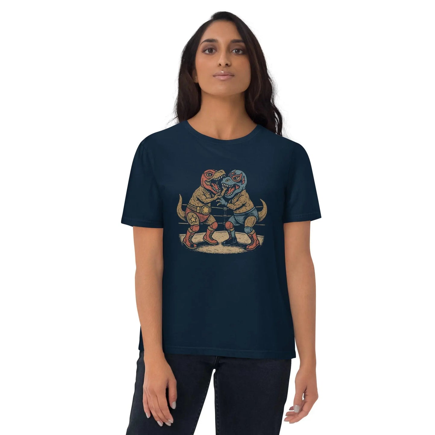 Luchasaurus - organic cotton t-shirt – Shirt by Stanley/Stella Tags: 100% organic cotton, 100% ring-spun cotton, adult, art, awesome, cotton, dinosaurs, graphic, graphic tee, men, organic cotton, original, rad, retro, shirt, vintage vibe, women, Wrestling RetroSplendor Apparel