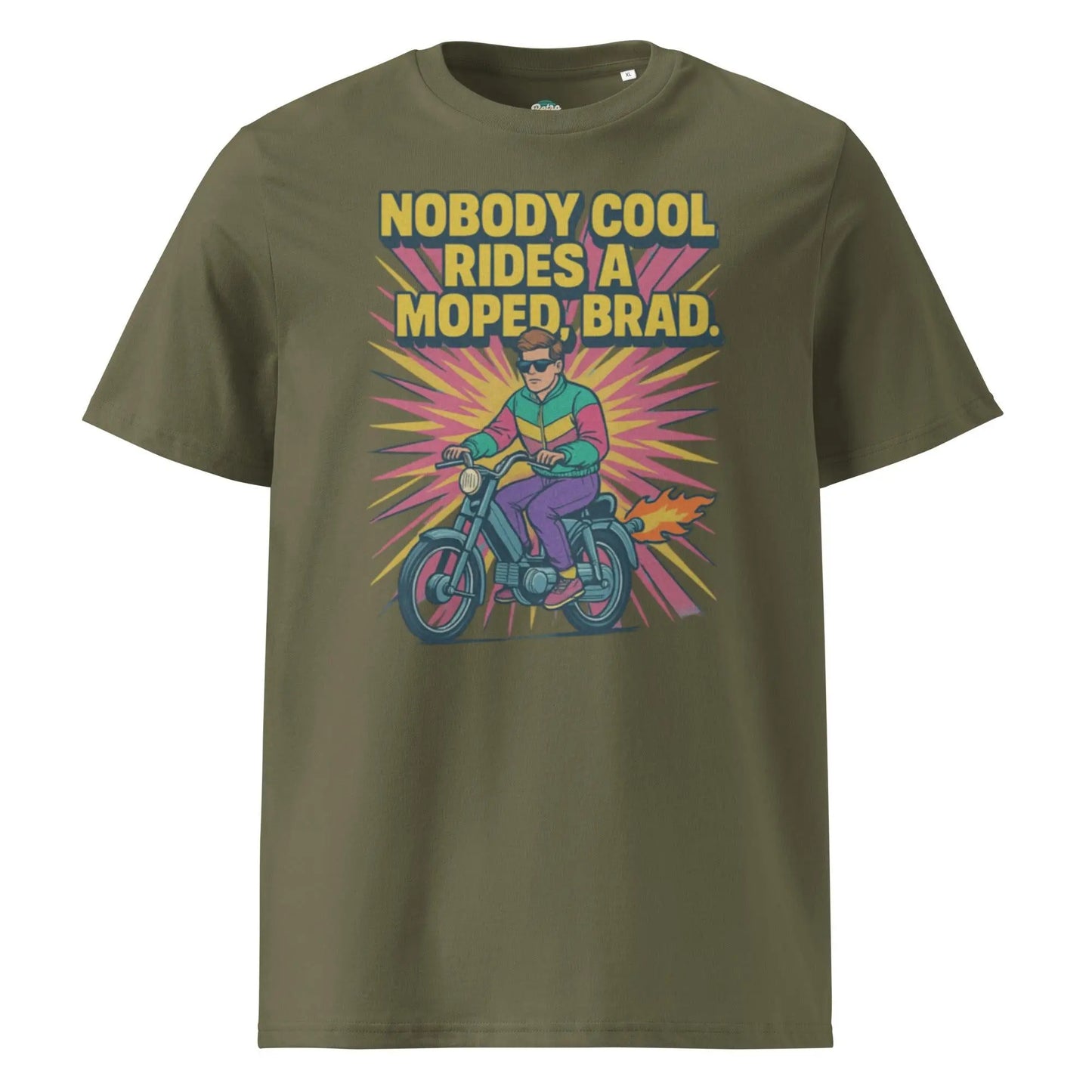 Nobody Cool Rides a Moped Brad - organic cotton t-shirt by Stanley/Stella Tags: 80s, afterschool special, art, graphic tee, moped, original, retro, retrosplendor, splendor, unisex, vintage RetroSplendor Apparel