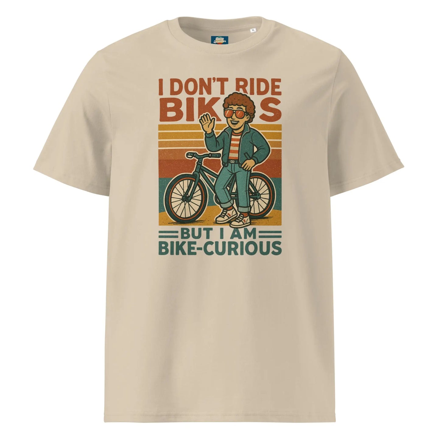 Bike Curious Boy - Unisex organic ribbed neck t-shirt by Stanley/Stella Tags: bi, bike, boy, curious, funny, graphic tee, original, Printful, pun, retro RetroSplendor Apparel