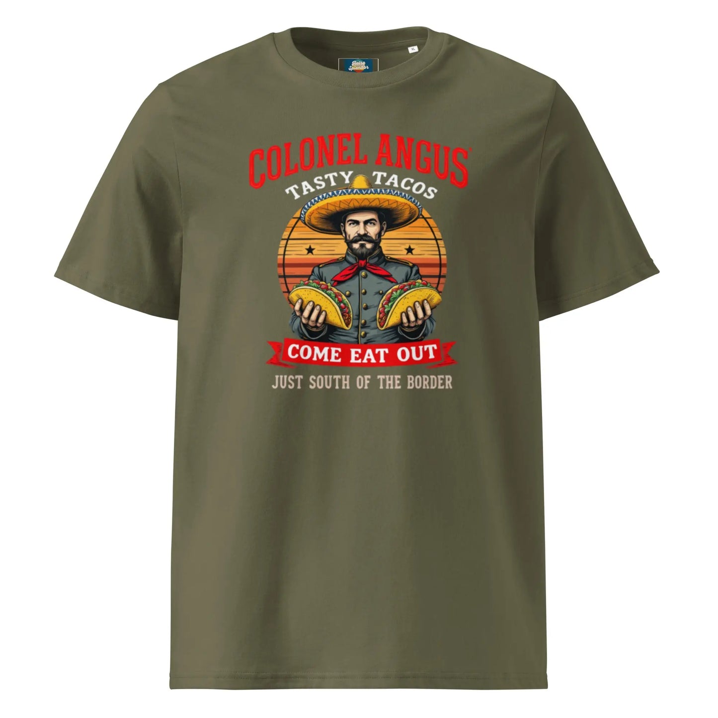 Colonel Angus' Tasty Tacos - organic ribbed neck t-shirt – Shirt by Stanley/Stella Tags: colonel angus, funny, original, Printful, retro, shirt, snl, t-shirt, tacos, unisex, vintage RetroSplendor Apparel