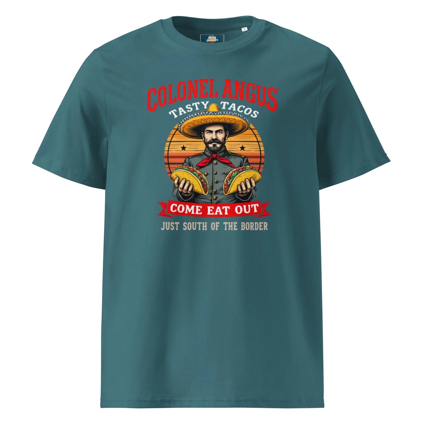 Colonel Angus' Tasty Tacos - organic ribbed neck t-shirt – Shirt by Stanley/Stella Tags: colonel angus, funny, original, Printful, retro, shirt, snl, t-shirt, tacos, unisex, vintage RetroSplendor Apparel