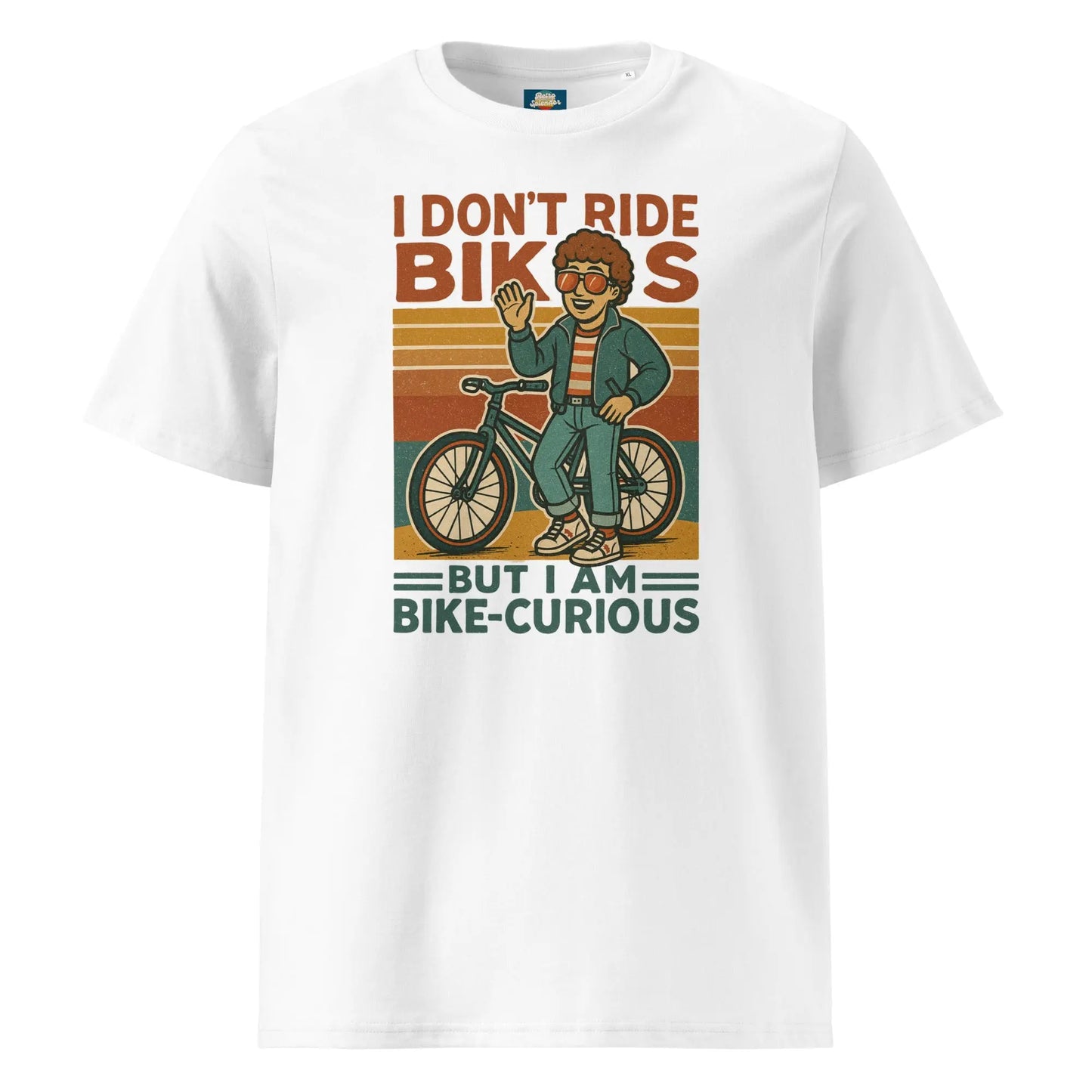 Bike Curious Boy - Unisex organic ribbed neck t-shirt by Stanley/Stella Tags: bi, bike, boy, curious, funny, graphic tee, original, Printful, pun, retro RetroSplendor Apparel