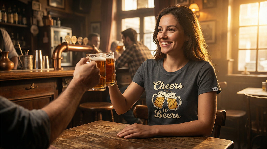 Cheers to Beers — Retro Cartoon Beer Mug Women's Tee - Lifestyle image