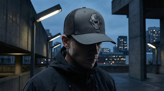Cyber Warrior Embroidered Trucker Cap — Futuristic Mech Head Design - Lifestyle image