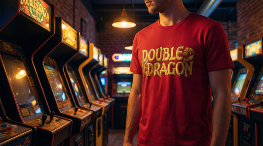 Double Dragon Arcade Classic Red Tee — Golden Logo with Serpent Power - Lifestyle image