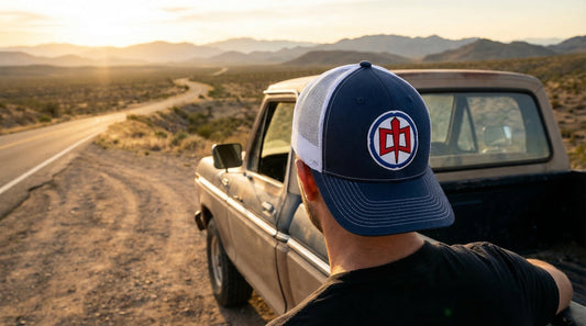 Greatest American Hero Navy Trucker Cap — Embroidered Hero Logo Hat - Lifestyle image
