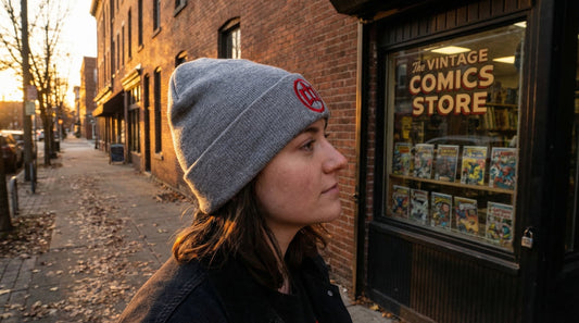 Greatest American Hero Heather Grey Cuffed Beanie — Embroidered Logo - Lifestyle image