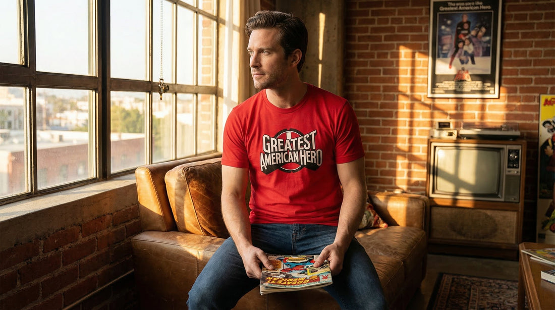 The Greatest American Hero Red Logo Tee — Classic 80s Superhero Shirt - Lifestyle image