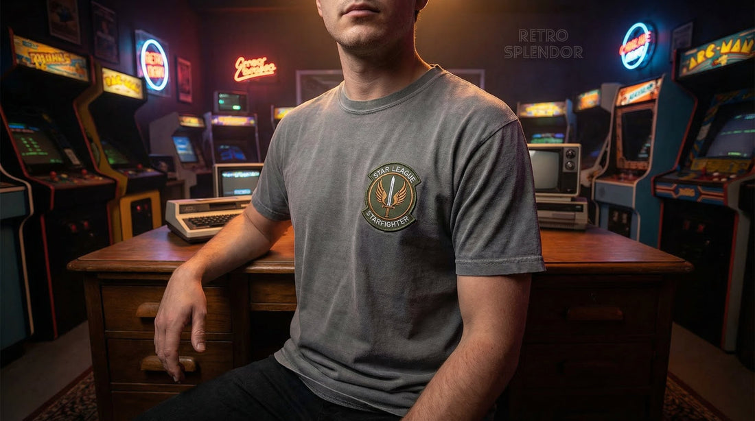 The Last Starfighter Star League Patch Tee — Classic 80s Sci-Fi Movie Shirt - Lifestyle image