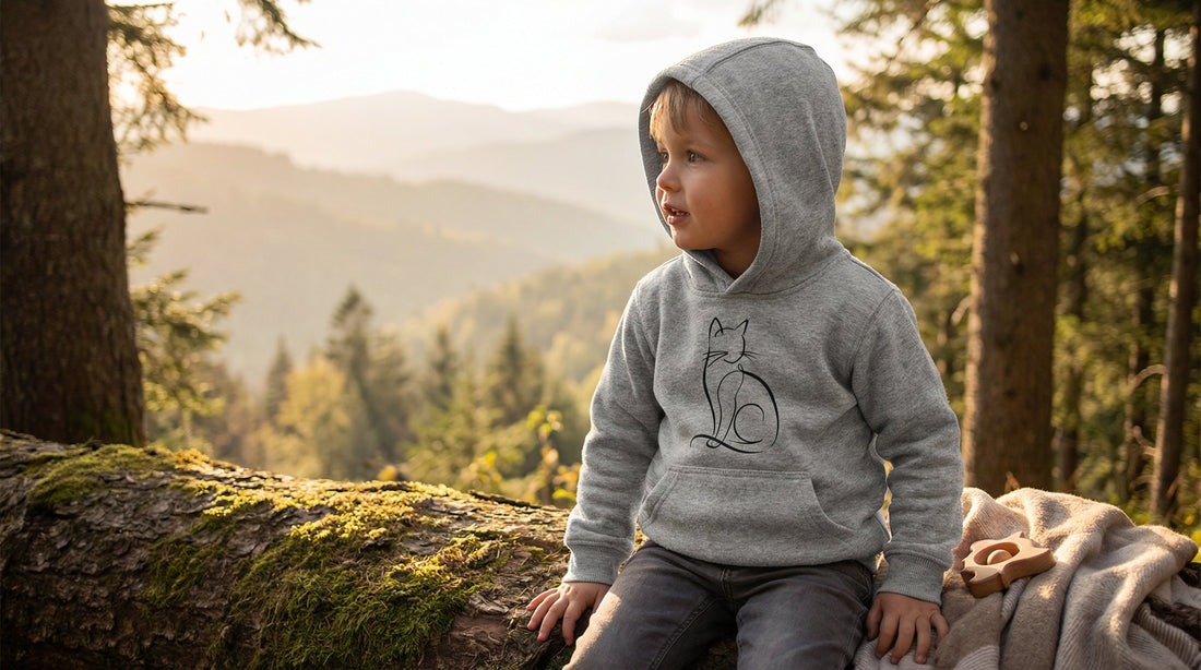 Minimalist Cat Kids Hoodie — Elegant Feline Line Art Fleece - Lifestyle image