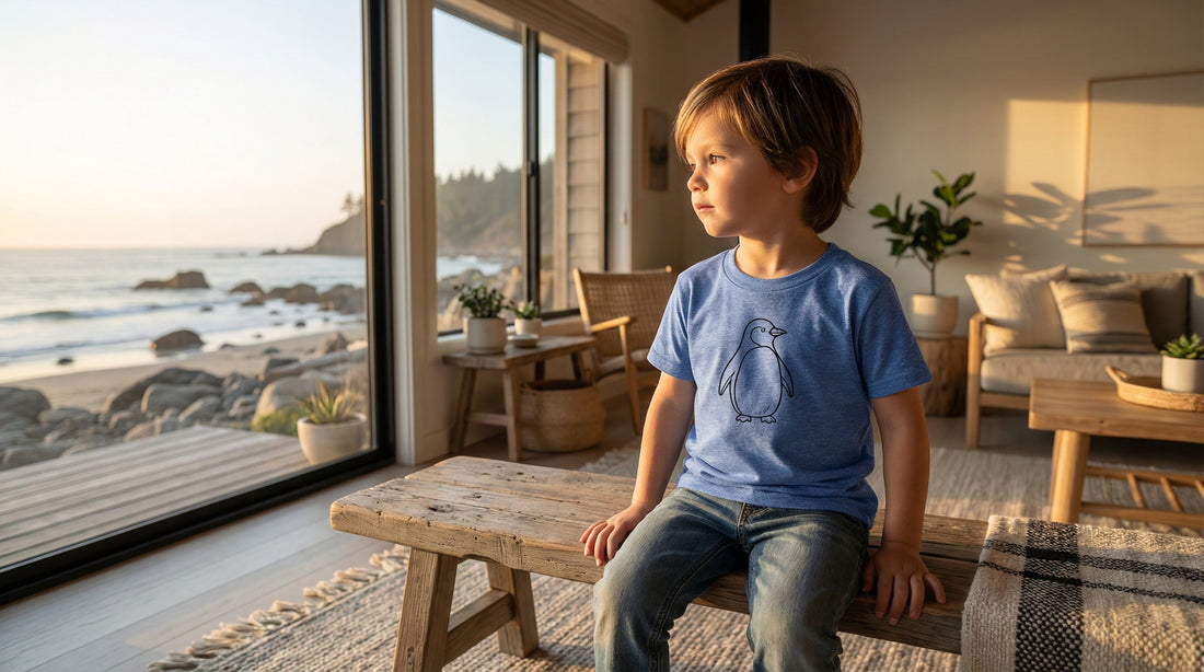 Minimalist Penguin Youth Tee — Simple Line Art Kids Shirt - Lifestyle image