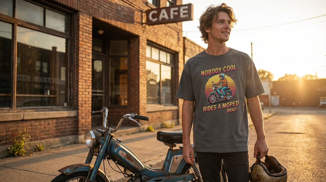 Nobody Cool Rides a Moped Brad - organic cotton t-shirt - Lifestyle image