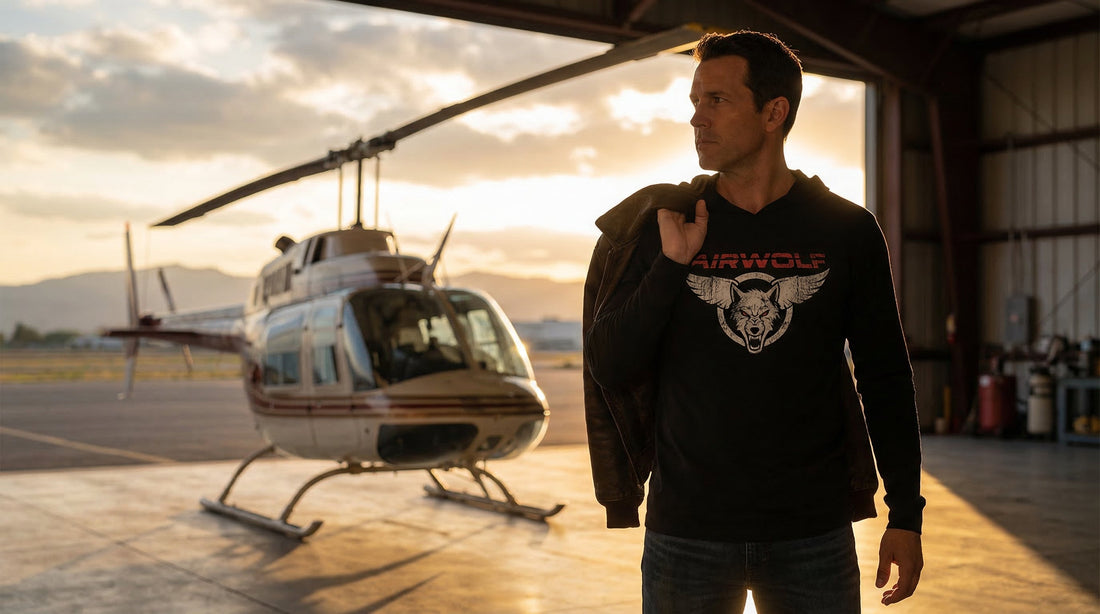 Airwolf Winged Logo Hooded Long Sleeve — Classic 80s Aviation Tee - Lifestyle image