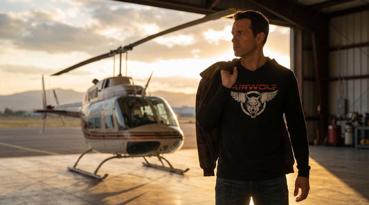 Airwolf Winged Logo Hooded Long Sleeve — Classic 80s Aviation Tee - Lifestyle image